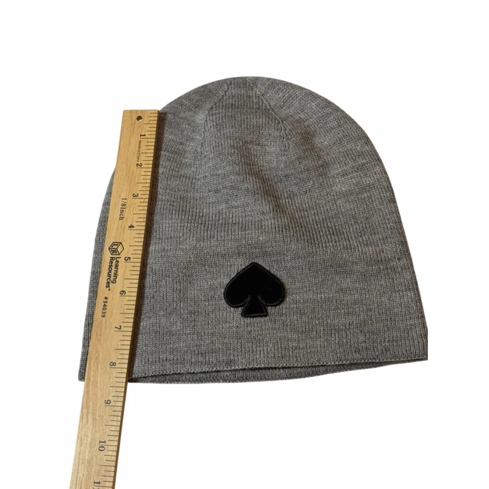 Kate Spade Gray Wool Blend Beanie Hat Black Spade Logo Minimalist Winter